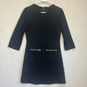 THML Black Retro Drop Waist Quilted Mini Dress Sz S 3/4 Knit Sleeve Jackie O